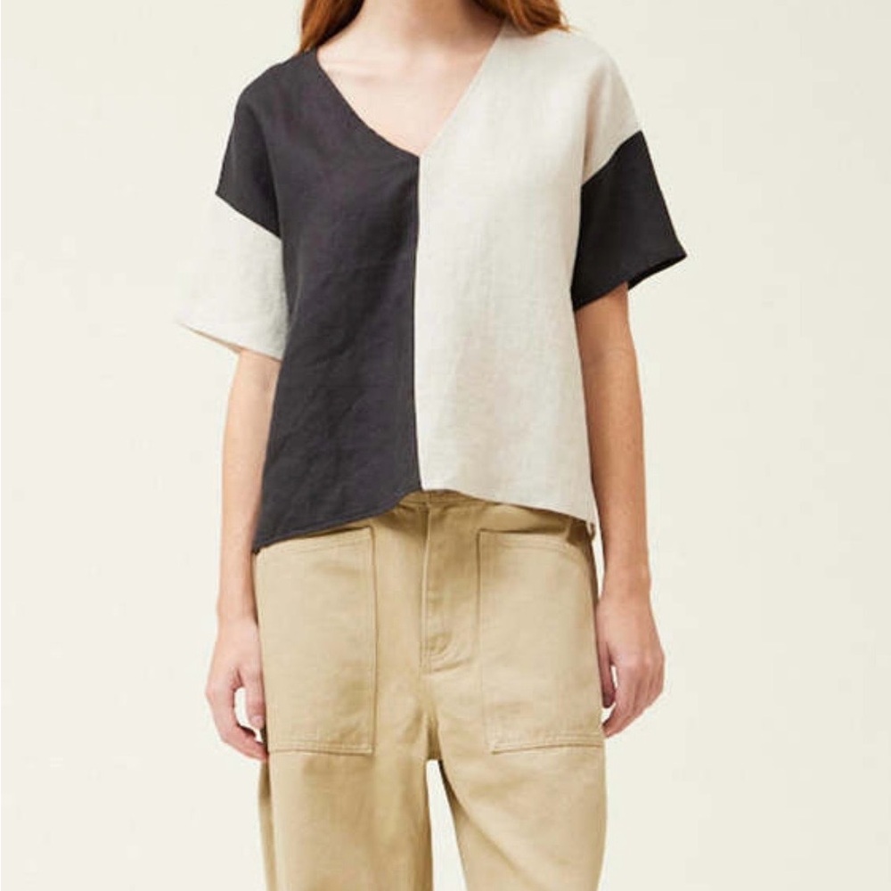 Women’s Grade & Gather Top 2 Tone Linen Blouse 100% Linen Shortsleeve V Neck L